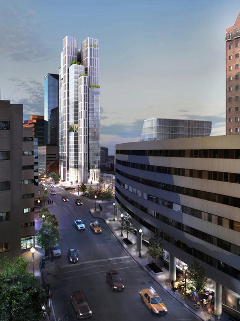 Architect Jeanne Gang's rendering of the buildings on the CentrePointe block includes a tower of tubes that are arranged to allow sunlight and air flow between them. This view is from Vine Street looking west. Architect Jeanne Gang's rendering of the buildings on the CentrePointe block includes a tower of tubes that are arranged to allow sunlight and air flow between them. This view is from Vine Street looking west.