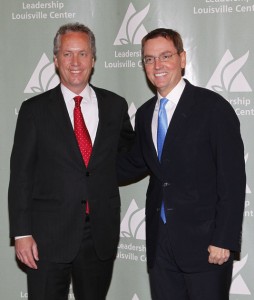 In this Aug. 11, 2011, file photo, Lexington Mayor Jim Gray, right, and Louisville Mayor Greg Fischer appeared together during discussion of the Brookings study. Results of the study were released Monday, Nov. 25, 2013. | Photo by Mark Cornelison | Herald-Leader Staff